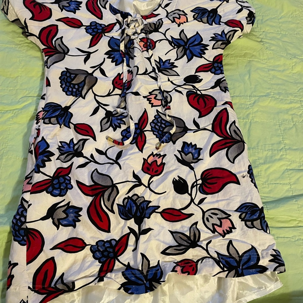Grace Elements Vibrant Linen Red and Blue Patterned Dress -S
